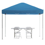 English Elm Commercial Grade Otis Portable Tailgate/Event Tent Set - 10'x10' Pop Up Canopy Tent, 6-Foot Bi-Fold Table, Set of 4 White Folding Chairs