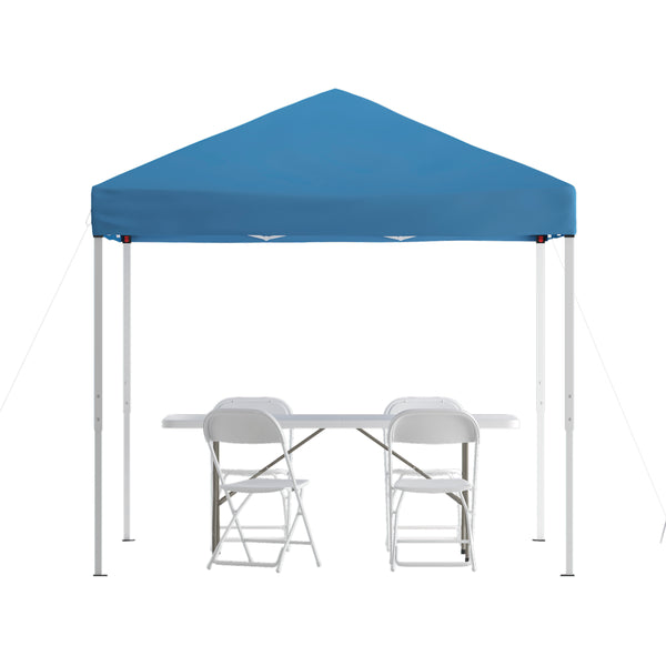 English Elm Commercial Grade Portable Tailgate/Event Tent Set - 8'x8' Pop Up Canopy Tent, 6-Foot Bi-Fold Table, Set of 4 White Folding Chairs
