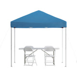 English Elm Commercial Grade Portable Tailgate/Event Tent Set - 8'x8' Pop Up Canopy Tent, 6-Foot Bi-Fold Table, Set of 4 White Folding Chairs