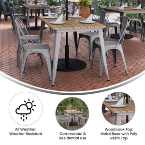 English Elm Commercial Grade Commercial Indoor/Outdoor Dining Table with Umbrella Hole, 30" x 60" All Weather Brown Poly Resin Top and Silver Steel Base