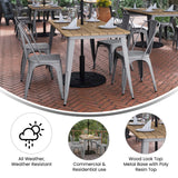 English Elm Commercial Grade Commercial Indoor/Outdoor Dining Table with Umbrella Hole, 30" x 60" All Weather Brown Poly Resin Top and Silver Steel Base