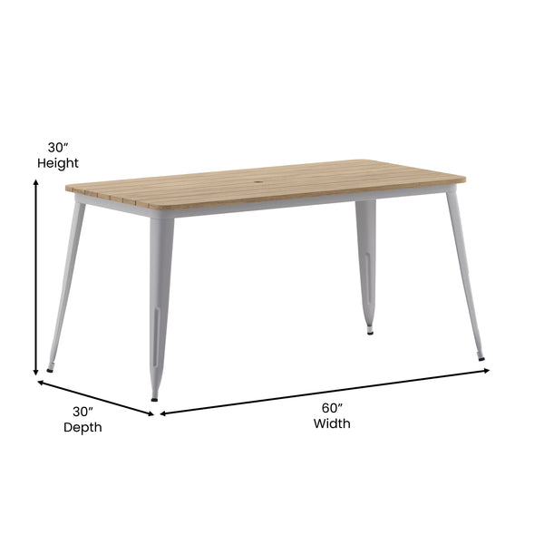 English Elm Commercial Grade Commercial Indoor/Outdoor Dining Table with Umbrella Hole, 30" x 60" All Weather Brown Poly Resin Top and Silver Steel Base