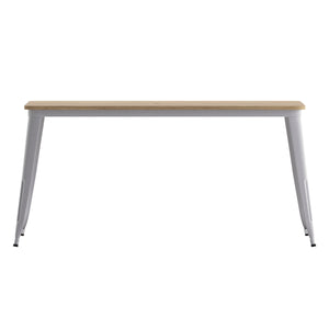 English Elm Commercial Grade Commercial Indoor/Outdoor Dining Table with Umbrella Hole, 30" x 60" All Weather Brown Poly Resin Top and Silver Steel Base