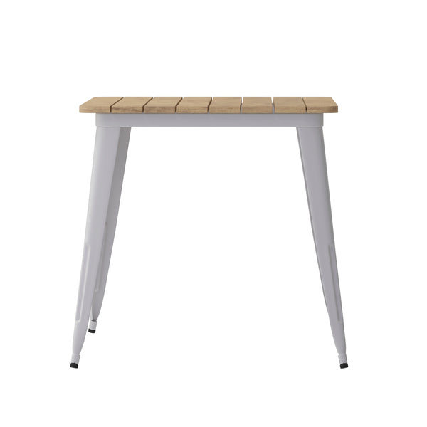 English Elm Commercial Grade Commercial Indoor/Outdoor Dining Table with Umbrella Hole, 30" x 60" All Weather Brown Poly Resin Top and Silver Steel Base