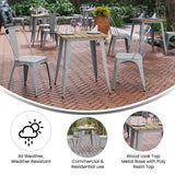 English Elm Commercial Grade Commercial Grade Indoor/Outdoor Dining Table, 23.75" Square All Weather Brown Poly Resin Top with Silver Steel Base