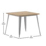 English Elm Commercial Grade Commercial Indoor/Outdoor Dining Table with Umbrella Hole, 36" Square All Weather Brown Poly Resin Top and Silver Steel Base