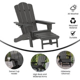 English Elm HDPE Adirondack Chair with Cup Holder and Pull Out Ottoman, All-Weather HDPE Indoor/Outdoor Lounge Chair