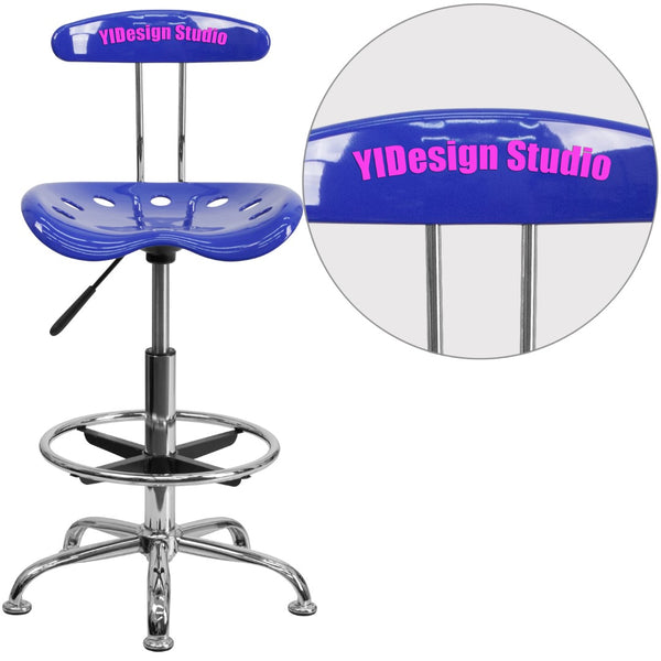 English Elm Personalized Vibrant and Chrome Drafting Stool with Tractor Seat