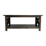 English Elm Farmhouse Style Solid Wood Coffee Table with Traditional X-Frame Design and Lower Shelf