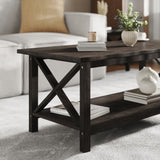 English Elm Farmhouse Style Solid Wood Coffee Table with Traditional X-Frame Design and Lower Shelf