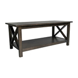 English Elm Farmhouse Style Solid Wood Coffee Table with Traditional X-Frame Design and Lower Shelf