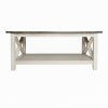 English Elm Farmhouse Style Solid Wood Coffee Table with Traditional X-Frame Design and Lower Shelf in Acacia and Rustic White