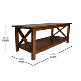 English Elm Farmhouse Style Solid Wood Coffee Table with Traditional X-Frame Design and Lower Shelf