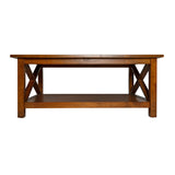 English Elm Farmhouse Style Solid Wood Coffee Table with Traditional X-Frame Design and Lower Shelf