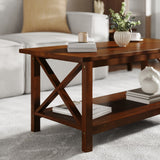 English Elm Farmhouse Style Solid Wood Coffee Table with Traditional X-Frame Design and Lower Shelf