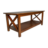 English Elm Farmhouse Style Solid Wood Coffee Table with Traditional X-Frame Design and Lower Shelf