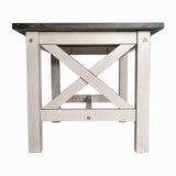 English Elm Farmhouse Style Solid Wood End Table with Traditional X-Frame Design in Acacia and Rustic White