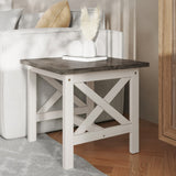 English Elm Farmhouse Style Solid Wood End Table with Traditional X-Frame Design in Acacia and Rustic White