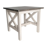 English Elm Farmhouse Style Solid Wood End Table with Traditional X-Frame Design in Acacia and Rustic White