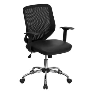 English Elm Commercial Grade Mid-Back Mesh Tapered Back Swivel Task Office Chair with LeatherSoft Seat, Chrome Base and T-Arms