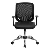 English Elm Commercial Grade Mid-Back Mesh Tapered Back Swivel Task Office Chair with LeatherSoft Seat, Chrome Base and T-Arms