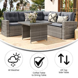 English Elm Commercial Grade Indoor/Outdoor Wicker Rattan Conversation Set, L-Shaped Sofa with Dining Table, Weather Resistant Cushions,