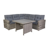 English Elm Commercial Grade Indoor/Outdoor Wicker Rattan Conversation Set, L-Shaped Sofa with Dining Table, Weather Resistant Cushions,