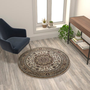 English Elm Persian Style 4x4 Round Area Rug-Olefin Rug with Jute Backing-Hallway, Entryway, Bedroom, Living Room