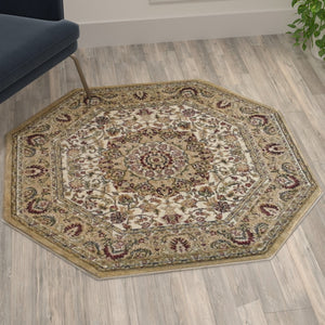 English Elm Persian Style 4x4 Octagon Area Rug-Olefin Rug with Jute Backing-Hallway, Entryway, Bedroom, Living Room