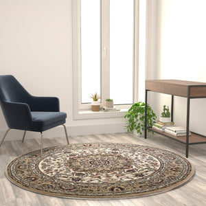 English Elm Persian Style 5x5 Round Area Rug-Olefin Rug with Jute Backing-Hallway, Entryway, Bedroom, Living Room