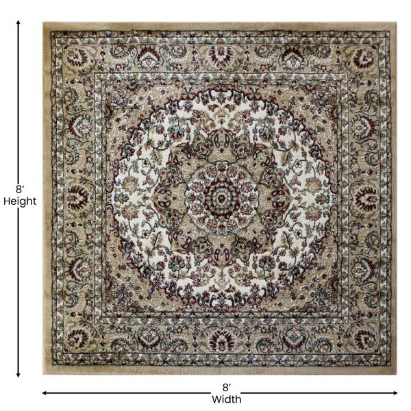 English Elm Persian Style 7x7 Square Area Rug-Olefin Rug with Jute Backing-Hallway, Entryway, Bedroom, Living Room