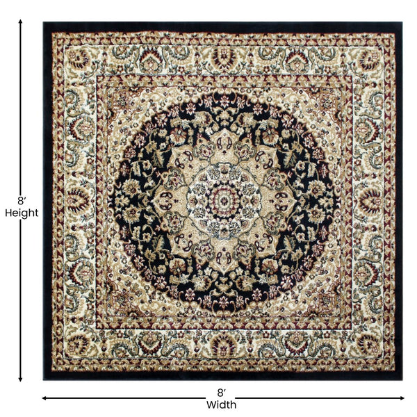 English Elm Persian Style 7x7 Square Area Rug-Olefin Rug with Jute Backing-Hallway, Entryway, Bedroom, Living Room