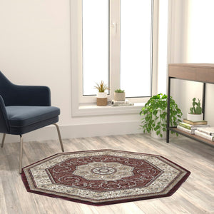 English Elm Persian Style 4' x 4' Octagon Area Rug - Olefin Rug with Jute Backing - Entryway, Bedroom, Living Room