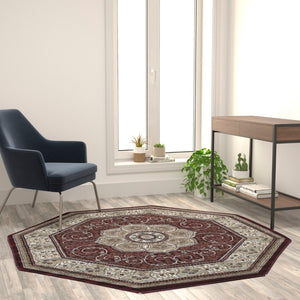 English Elm Persian Style 5' x 5' Octagon Area Rug - Olefin Rug with Jute Backing-Entryway, Bedroom, Living Room