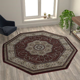 English Elm Persian Style 7' x 7' Octagon Area Rug - Olefin Rug with Jute Backing-Entryway, Bedroom, Living Room