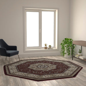 English Elm Persian Style 7' x 7' Octagon Area Rug - Olefin Rug with Jute Backing-Entryway, Bedroom, Living Room