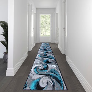 English Elm 3' x 15' Olefin Ocean Waves Pattern Area Rug with Jute Backing for Entryway, Living Room, Bedroom