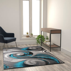 English Elm 5' x 7' Olefin Ocean Waves Pattern Area Rug with Jute Backing for Entryway, Living Room, Bedroom