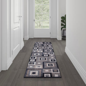 English Elm Geometric 2' x 7' , Grey, and White Olefin Area Rug with Cotton Backing, Living Room, Bedroom