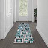 English Elm Geometric 2' x 7' , Grey, and White Olefin Area Rug with Cotton Backing, Living Room, Bedroom