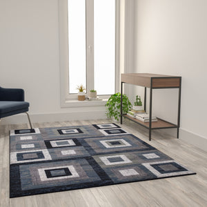 English Elm Geometric 5' x 7' , Grey, and White Olefin Area Rug with Cotton Backing, Living Room, Bedroom