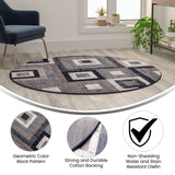 English Elm Geometric 5' x 5' , Grey, and White Round Olefin Area Rug with Cotton Backing, Living Room, Bedroom