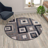 English Elm Geometric 5' x 5' , Grey, and White Round Olefin Area Rug with Cotton Backing, Living Room, Bedroom