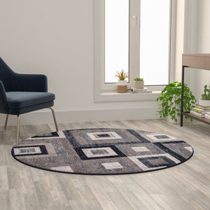 English Elm Geometric 5' x 5' , Grey, and White Round Olefin Area Rug with Cotton Backing, Living Room, Bedroom