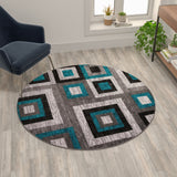 English Elm Geometric 5' x 5' , Grey, and White Round Olefin Area Rug with Cotton Backing, Living Room, Bedroom