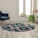 English Elm Geometric 5' x 5' , Grey, and White Round Olefin Area Rug with Cotton Backing, Living Room, Bedroom