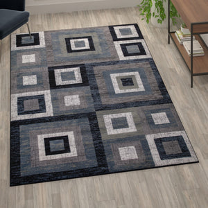 English Elm Geometric 6' x 9' , Grey, and White Olefin Area Rug with Cotton Backing, Living Room, Bedroom