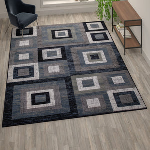 English Elm Geometric 8' x 10' , Grey, and White Olefin Area Rug with Cotton Backing, Living Room, Bedroom