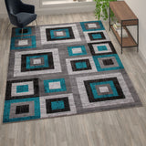 English Elm Geometric 8' x 10' , Grey, and White Olefin Area Rug with Cotton Backing, Living Room, Bedroom