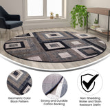 English Elm Geometric 8' x 8' , Grey, and White Round Olefin Area Rug with Cotton Backing, Living Room, Bedroom